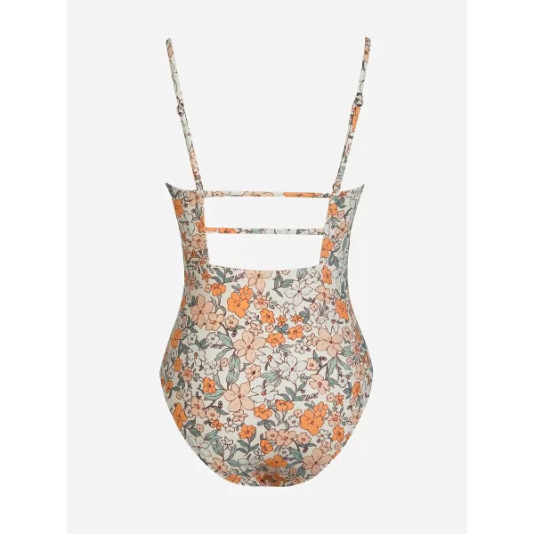 imageCUPSHE Women Swimsuit One Piece Bathing Suit Square Neck Cutout Back Tummy Control with Adjustable Spaghetti StrapsCantaloupe Orange Ditsy