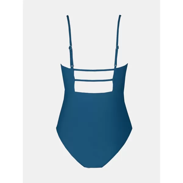 imageCUPSHE Women Swimsuit One Piece Bathing Suit Square Neck Cutout Back Tummy Control with Adjustable Spaghetti StrapsDark Blue