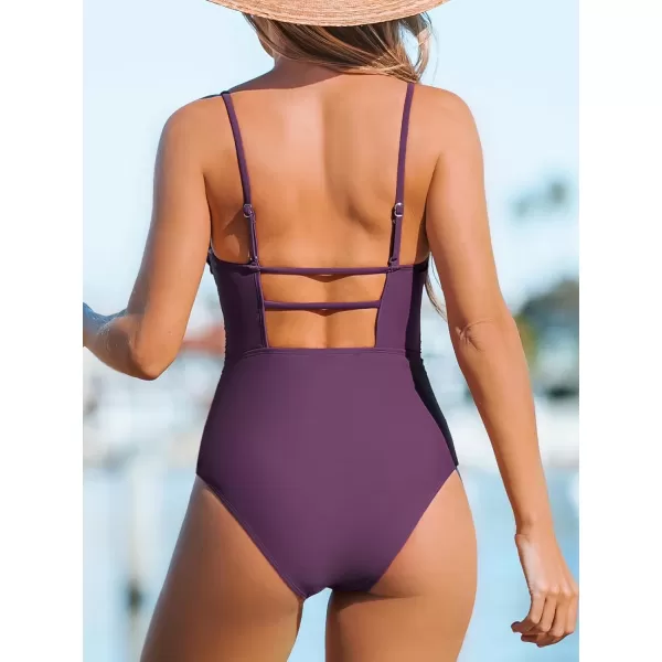 imageCUPSHE Women Swimsuit One Piece Bathing Suit Square Neck Cutout Back Tummy Control with Adjustable Spaghetti StrapsGrape Purple