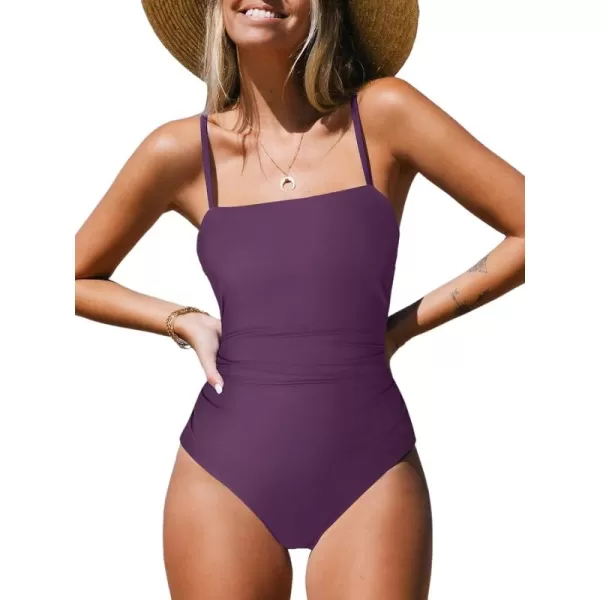imageCUPSHE Women Swimsuit One Piece Bathing Suit Square Neck Cutout Back Tummy Control with Adjustable Spaghetti StrapsGrape Purple