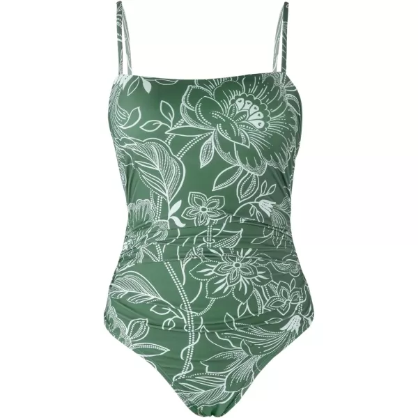 imageCUPSHE Women Swimsuit One Piece Bathing Suit Square Neck Cutout Back Tummy Control with Adjustable Spaghetti StrapsGreen Floral