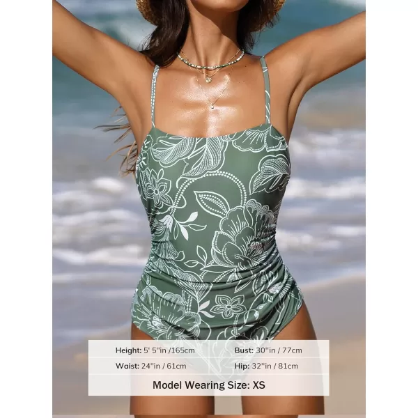 imageCUPSHE Women Swimsuit One Piece Bathing Suit Square Neck Cutout Back Tummy Control with Adjustable Spaghetti StrapsGreen Floral