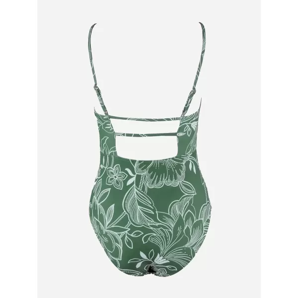 imageCUPSHE Women Swimsuit One Piece Bathing Suit Square Neck Cutout Back Tummy Control with Adjustable Spaghetti StrapsGreen Floral