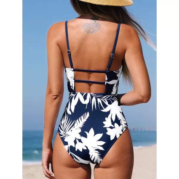 imageCUPSHE Women Swimsuit One Piece Bathing Suit Square Neck Cutout Back Tummy Control with Adjustable Spaghetti StrapsNavy Blue