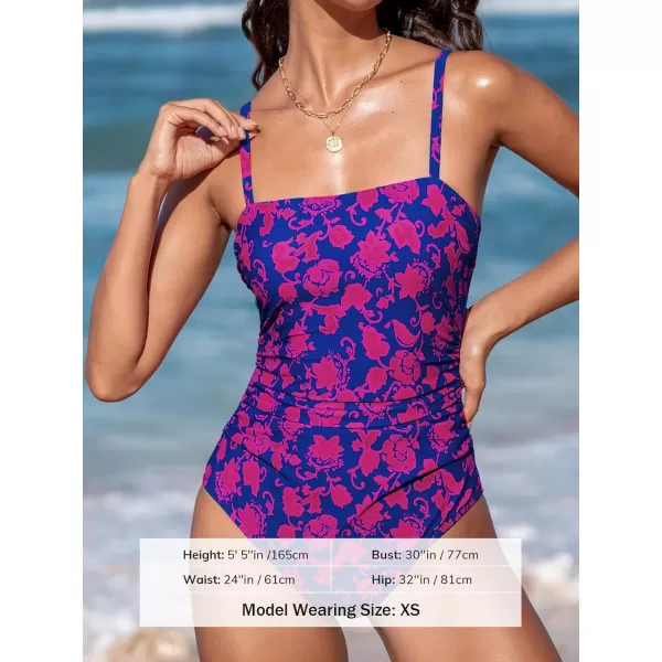 imageCUPSHE Women Swimsuit One Piece Bathing Suit Square Neck Cutout Back Tummy Control with Adjustable Spaghetti StrapsNavy BlueMagenta Floral