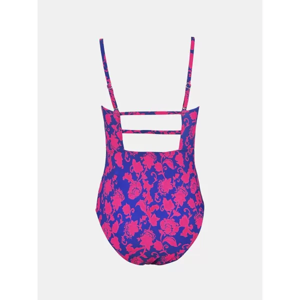 imageCUPSHE Women Swimsuit One Piece Bathing Suit Square Neck Cutout Back Tummy Control with Adjustable Spaghetti StrapsNavy BlueMagenta Floral