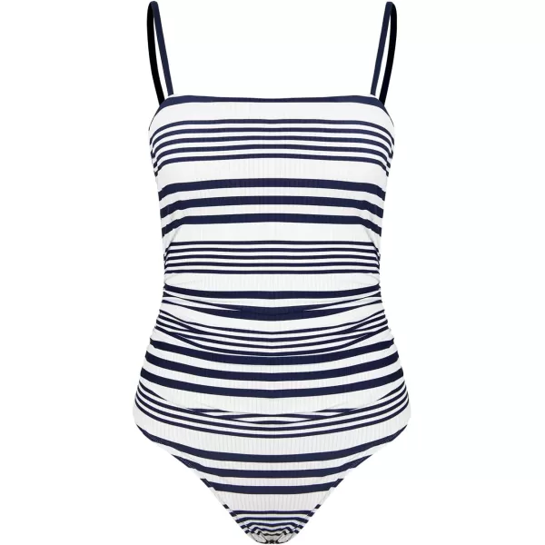imageCUPSHE Women Swimsuit One Piece Bathing Suit Square Neck Cutout Back Tummy Control with Adjustable Spaghetti StrapsNavyWhite
