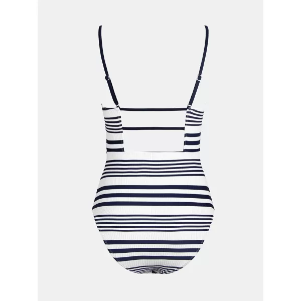 imageCUPSHE Women Swimsuit One Piece Bathing Suit Square Neck Cutout Back Tummy Control with Adjustable Spaghetti StrapsNavyWhite