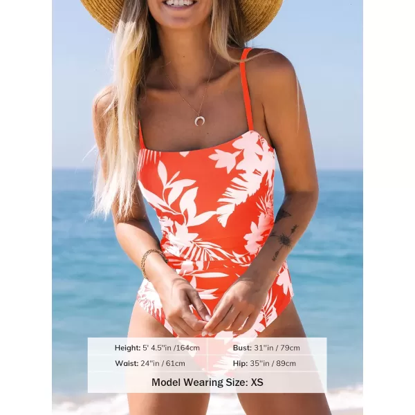 imageCUPSHE Women Swimsuit One Piece Bathing Suit Square Neck Cutout Back Tummy Control with Adjustable Spaghetti StrapsOrange Floral