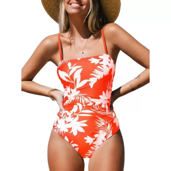 imageCUPSHE Women Swimsuit One Piece Bathing Suit Square Neck Cutout Back Tummy Control with Adjustable Spaghetti StrapsOrange Floral