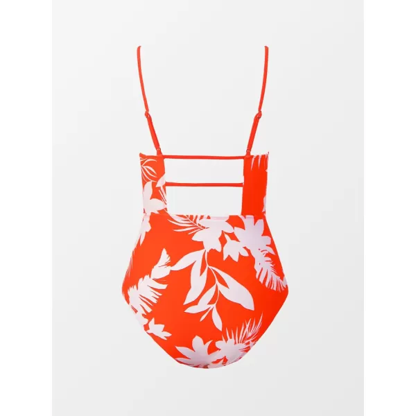 imageCUPSHE Women Swimsuit One Piece Bathing Suit Square Neck Cutout Back Tummy Control with Adjustable Spaghetti StrapsOrange Floral