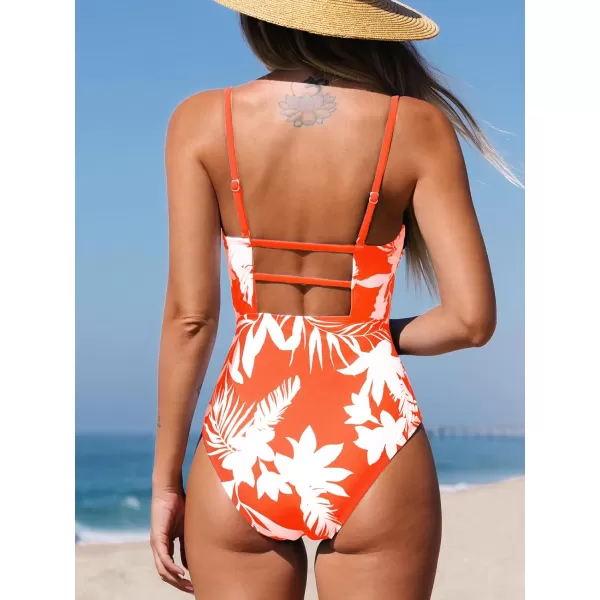 imageCUPSHE Women Swimsuit One Piece Bathing Suit Square Neck Cutout Back Tummy Control with Adjustable Spaghetti StrapsOrange Floral