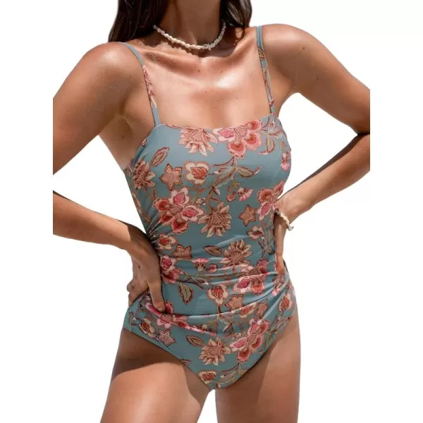 imageCUPSHE Women Swimsuit One Piece Bathing Suit Square Neck Cutout Back Tummy Control with Adjustable Spaghetti StrapsPine GreenRed