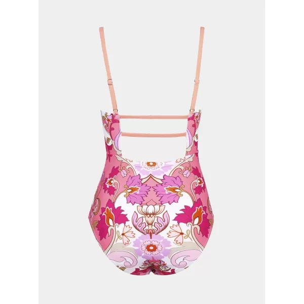 imageCUPSHE Women Swimsuit One Piece Bathing Suit Square Neck Cutout Back Tummy Control with Adjustable Spaghetti StrapsPinkMagenta Floral