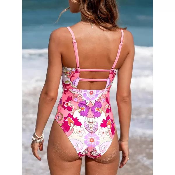 imageCUPSHE Women Swimsuit One Piece Bathing Suit Square Neck Cutout Back Tummy Control with Adjustable Spaghetti StrapsPinkMagenta Floral