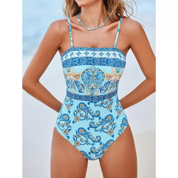 imageCUPSHE Women Swimsuit One Piece Bathing Suit Square Neck Cutout Back Tummy Control with Adjustable Spaghetti StrapsSky BluePaisley