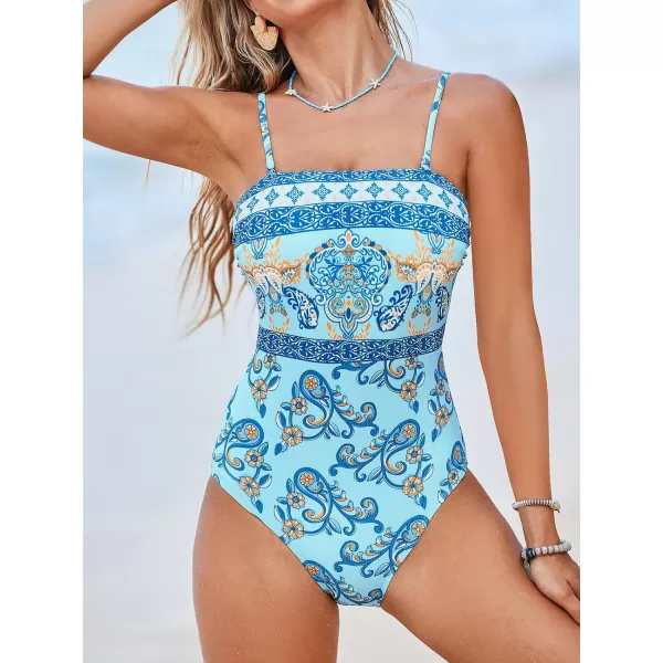 imageCUPSHE Women Swimsuit One Piece Bathing Suit Square Neck Cutout Back Tummy Control with Adjustable Spaghetti StrapsSky BluePaisley