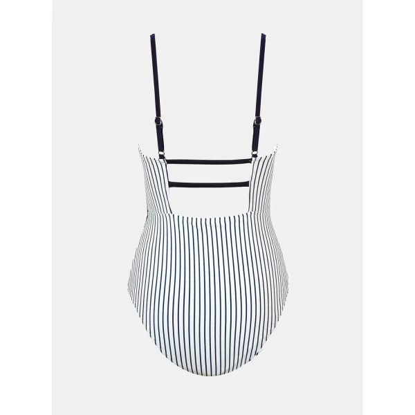 imageCUPSHE Women Swimsuit One Piece Bathing Suit Square Neck Cutout Back Tummy Control with Adjustable Spaghetti StrapsWhiteNavy Blue