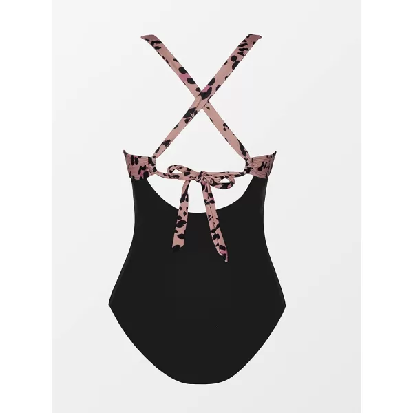 imageCUPSHE Women Swimsuit One Piece Bathing Suit Tummy Control V Neck Crisscross Wide Straps Self Tie Lace UpBlackLeopard