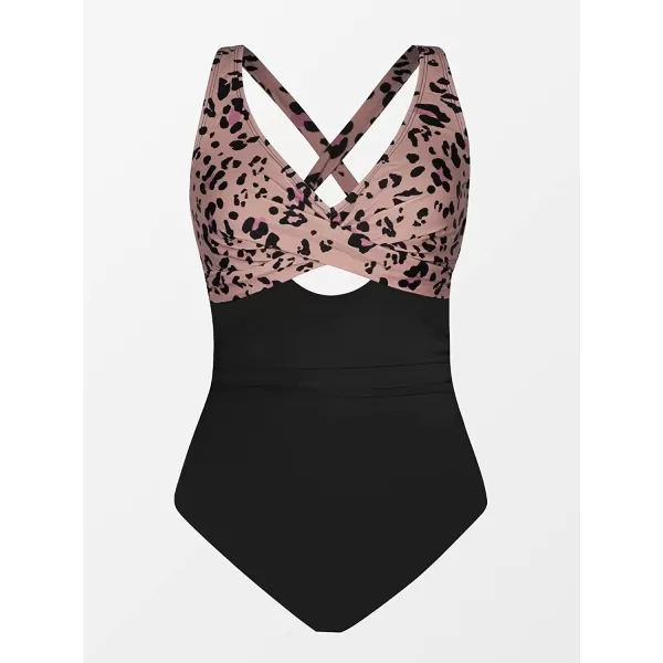 imageCUPSHE Women Swimsuit One Piece Bathing Suit Tummy Control V Neck Crisscross Wide Straps Self Tie Lace UpBlackLeopard