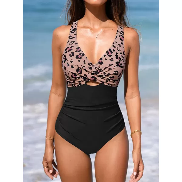 imageCUPSHE Women Swimsuit One Piece Bathing Suit Tummy Control V Neck Crisscross Wide Straps Self Tie Lace UpBlackLeopard