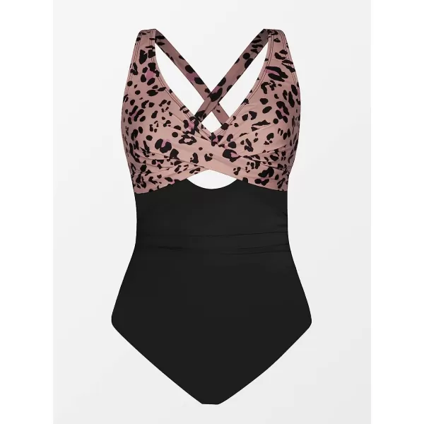 imageCUPSHE Women Swimsuit One Piece Bathing Suit Tummy Control V Neck Crisscross Wide Straps Self Tie Lace UpBlackLeopard