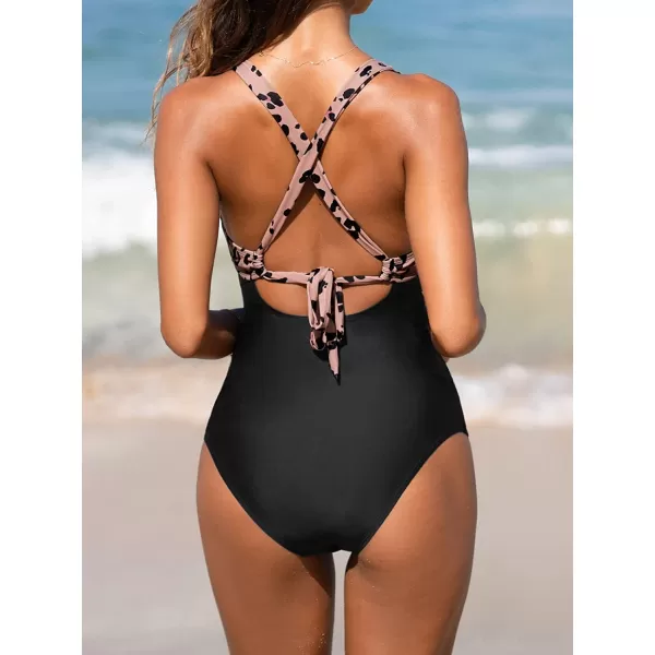 imageCUPSHE Women Swimsuit One Piece Bathing Suit Tummy Control V Neck Crisscross Wide Straps Self Tie Lace UpBlackLeopard