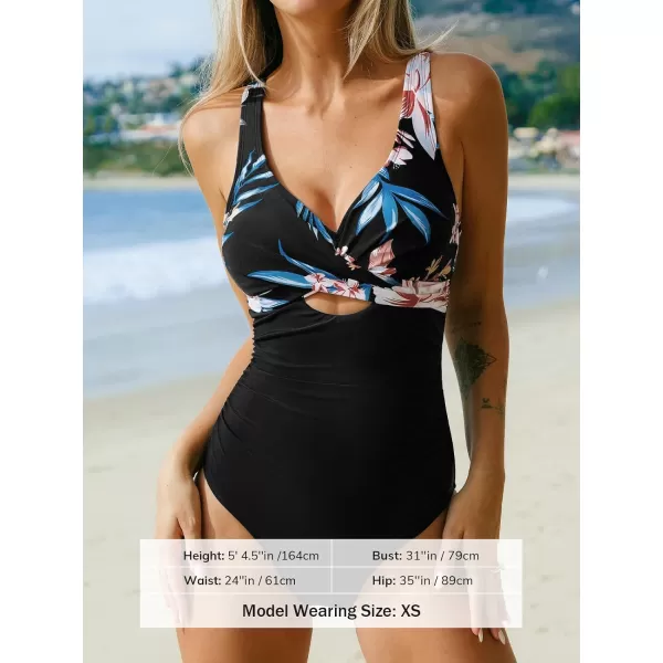 imageCUPSHE Women Swimsuit One Piece Bathing Suit Tummy Control V Neck Crisscross Wide Straps Self Tie Lace UpBlackTropical