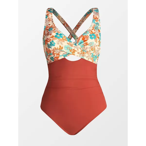 imageCUPSHE Women Swimsuit One Piece Bathing Suit Tummy Control V Neck Crisscross Wide Straps Self Tie Lace UpBrick Red Floral