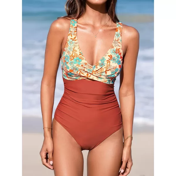 imageCUPSHE Women Swimsuit One Piece Bathing Suit Tummy Control V Neck Crisscross Wide Straps Self Tie Lace UpBrick Red Floral