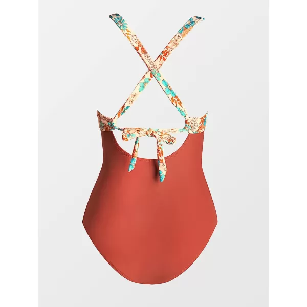 imageCUPSHE Women Swimsuit One Piece Bathing Suit Tummy Control V Neck Crisscross Wide Straps Self Tie Lace UpBrick Red Floral