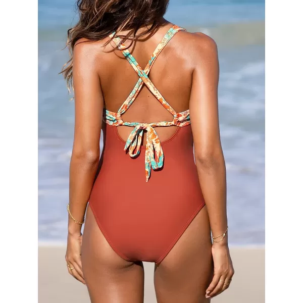 imageCUPSHE Women Swimsuit One Piece Bathing Suit Tummy Control V Neck Crisscross Wide Straps Self Tie Lace UpBrick Red Floral
