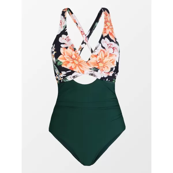 imageCUPSHE Women Swimsuit One Piece Bathing Suit Tummy Control V Neck Crisscross Wide Straps Self Tie Lace UpGreen