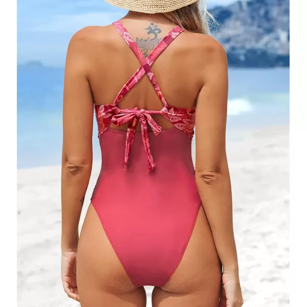 imageCUPSHE Women Swimsuit One Piece Bathing Suit Tummy Control V Neck Crisscross Wide Straps Self Tie Lace UpRed Paisley