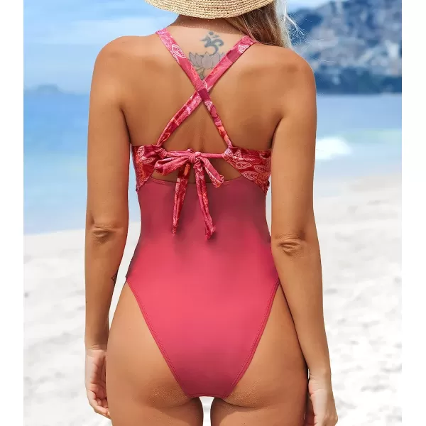 imageCUPSHE Women Swimsuit One Piece Bathing Suit Tummy Control V Neck Crisscross Wide Straps Self Tie Lace UpRed Paisley