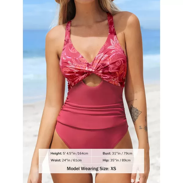 imageCUPSHE Women Swimsuit One Piece Bathing Suit Tummy Control V Neck Crisscross Wide Straps Self Tie Lace UpRed Paisley