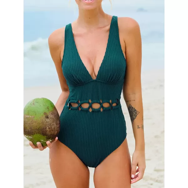 imageCUPSHE Women Swimsuit One Piece Deep V Neck Ribbed Texture Cutout Front Bathing Suit with Adjustable Wide StrapsDark Green