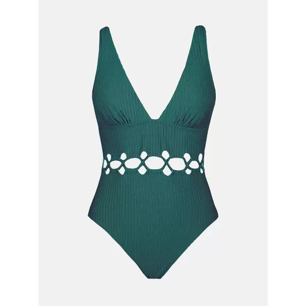 imageCUPSHE Women Swimsuit One Piece Deep V Neck Ribbed Texture Cutout Front Bathing Suit with Adjustable Wide StrapsDark Green