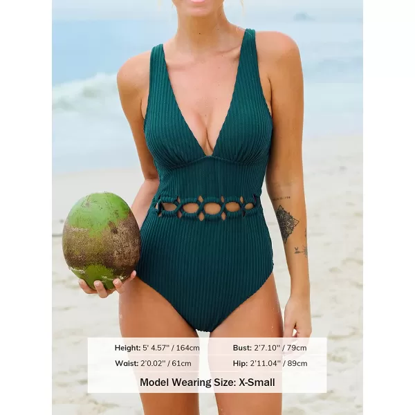 imageCUPSHE Women Swimsuit One Piece Deep V Neck Ribbed Texture Cutout Front Bathing Suit with Adjustable Wide StrapsDark Green