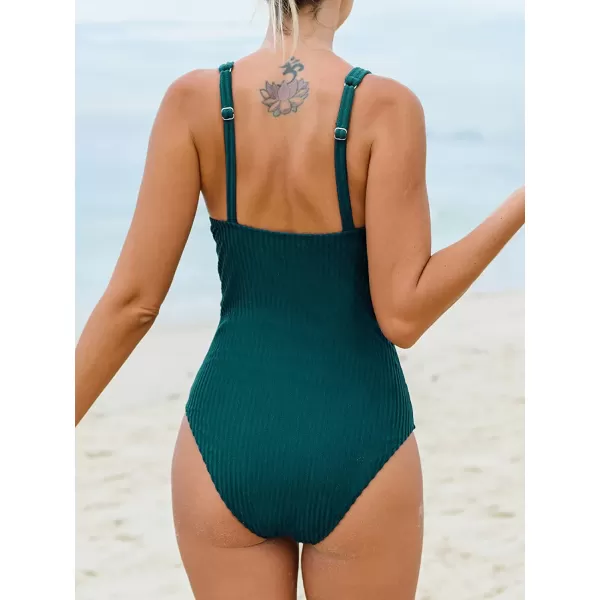 imageCUPSHE Women Swimsuit One Piece Deep V Neck Ribbed Texture Cutout Front Bathing Suit with Adjustable Wide StrapsDark Green