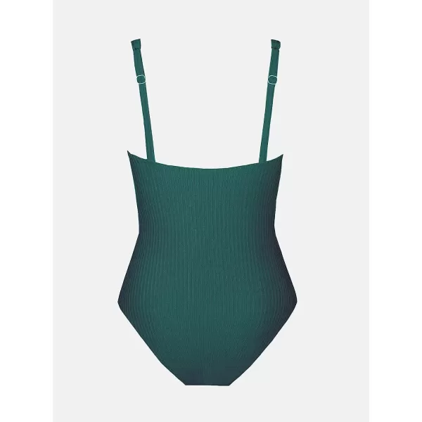 imageCUPSHE Women Swimsuit One Piece Deep V Neck Ribbed Texture Cutout Front Bathing Suit with Adjustable Wide StrapsDark Green