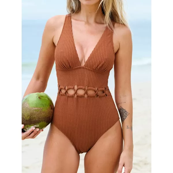 imageCUPSHE Women Swimsuit One Piece Deep V Neck Ribbed Texture Cutout Front Bathing Suit with Adjustable Wide StrapsDark Orange