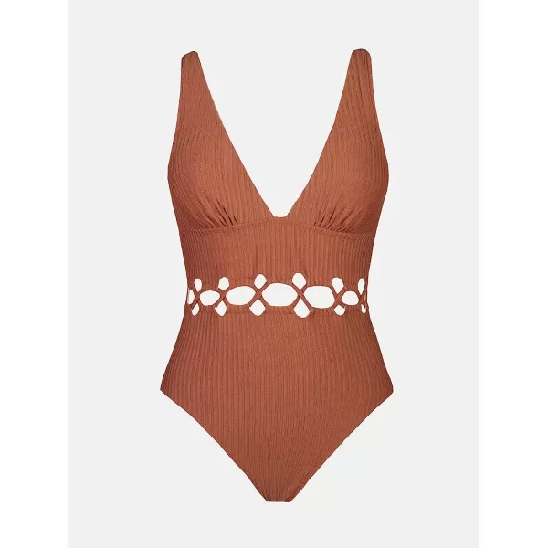 imageCUPSHE Women Swimsuit One Piece Deep V Neck Ribbed Texture Cutout Front Bathing Suit with Adjustable Wide StrapsDark Orange