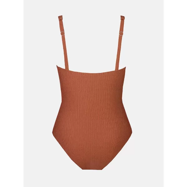 imageCUPSHE Women Swimsuit One Piece Deep V Neck Ribbed Texture Cutout Front Bathing Suit with Adjustable Wide StrapsDark Orange