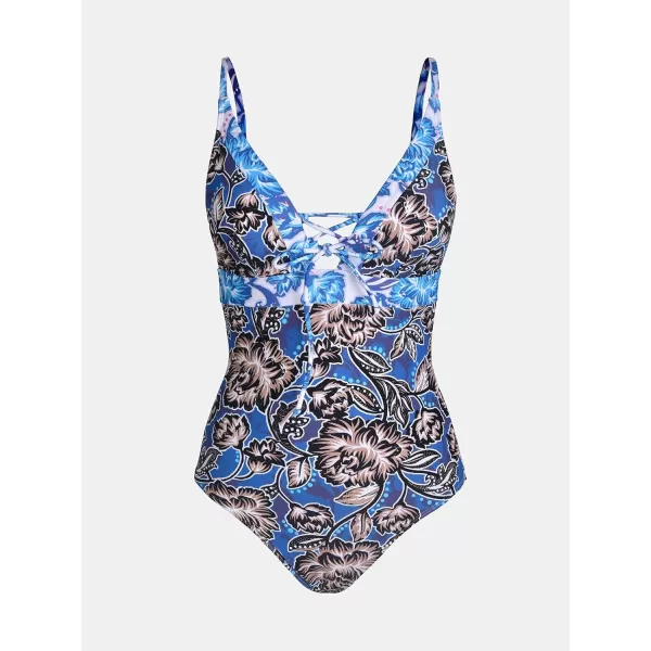 imageCUPSHE Women Swimsuit One Piece Deep V Neck Self Tie Tummy Control Paneled Floral Bathing SuitBlue  Floral