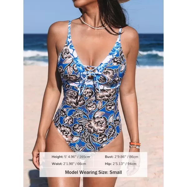 imageCUPSHE Women Swimsuit One Piece Deep V Neck Self Tie Tummy Control Paneled Floral Bathing SuitBlue  Floral