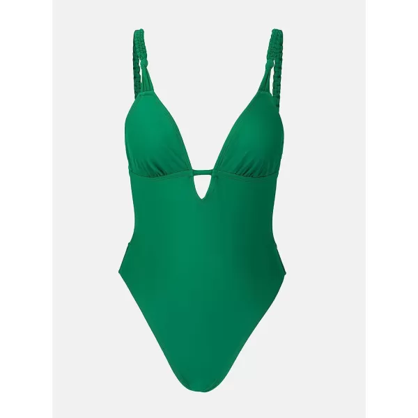 imageCUPSHE Women Swimsuit One Piece Deep V Neck Tie Back Cutout High Cut Bathing SuitGreen