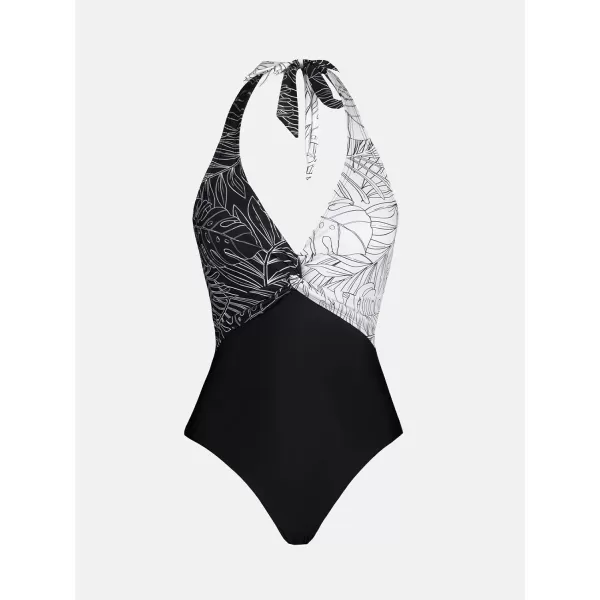imageCUPSHE Women Swimsuit One Piece Halter Deep V Neck Mesh Sheer Long Torso Bathing SuitBlack  Tropical