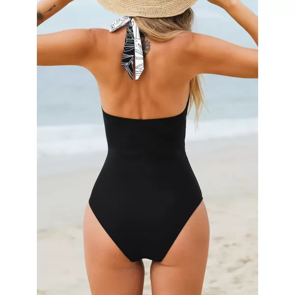 imageCUPSHE Women Swimsuit One Piece Halter Deep V Neck Mesh Sheer Long Torso Bathing SuitBlack  Tropical