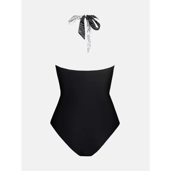 imageCUPSHE Women Swimsuit One Piece Halter Deep V Neck Mesh Sheer Long Torso Bathing SuitBlack  Tropical